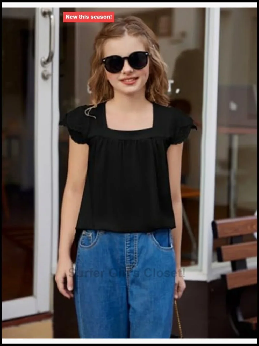 Girls Square Neck Short Sleeve Lace Pleated Blouse Tunic